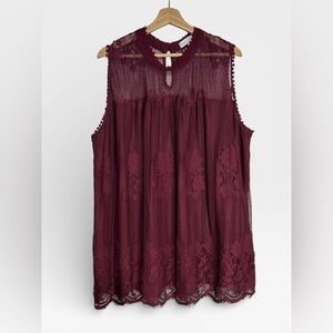 Boutique Wine Lace Lined Sleeveless Blouse 3X